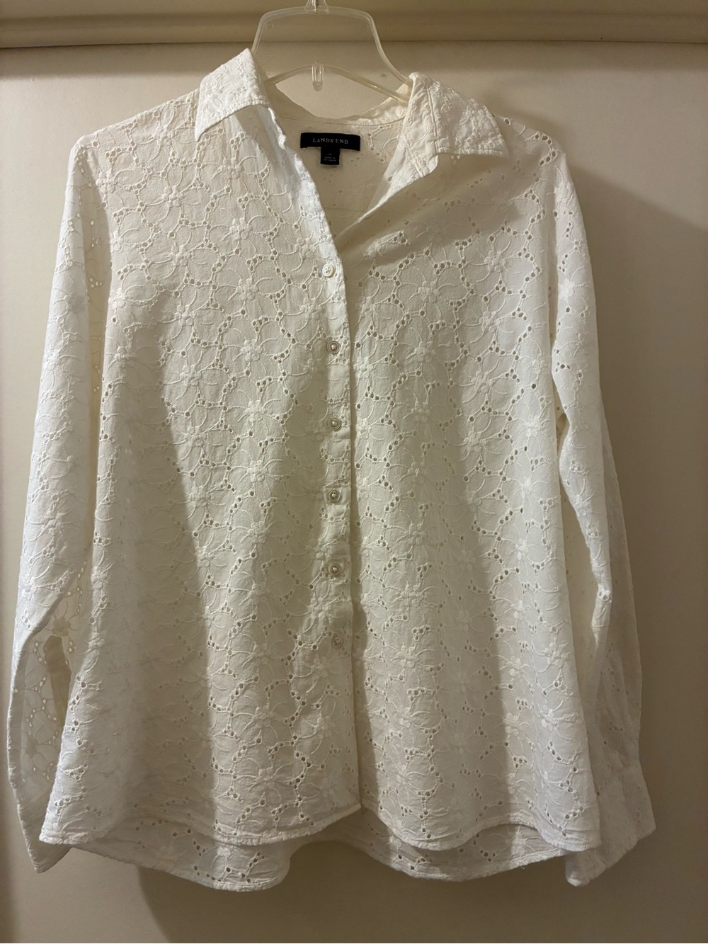 Lands' End White Eyelet Button-Front Blouse